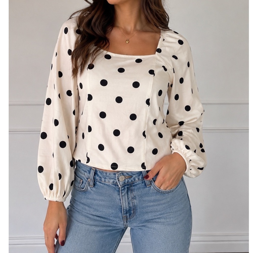 Girl With Curves Polka Dot Square Neck Puff Sleeve Blouse White Black Small t3